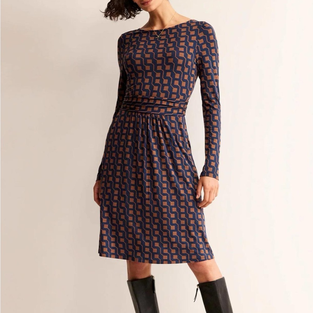 Boden Abigail Stretch Jersey Long Sleeve Pleated Dress Brown Navy Print US 4